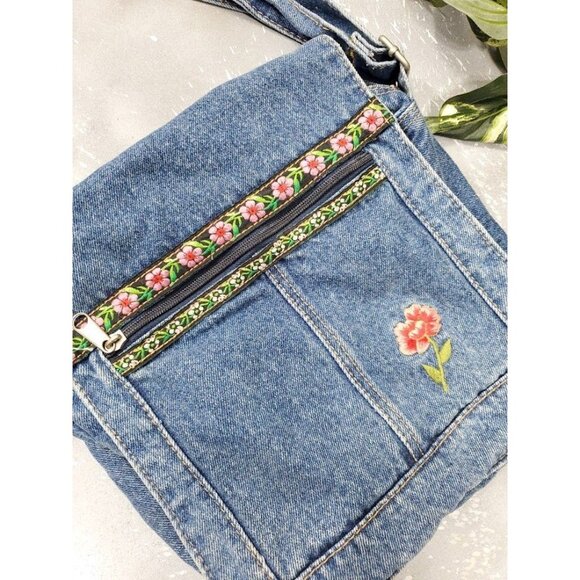 Vintage 90s Denim Embroidered Boho Crossbody Handbag Hipster - Picture 2 of 6